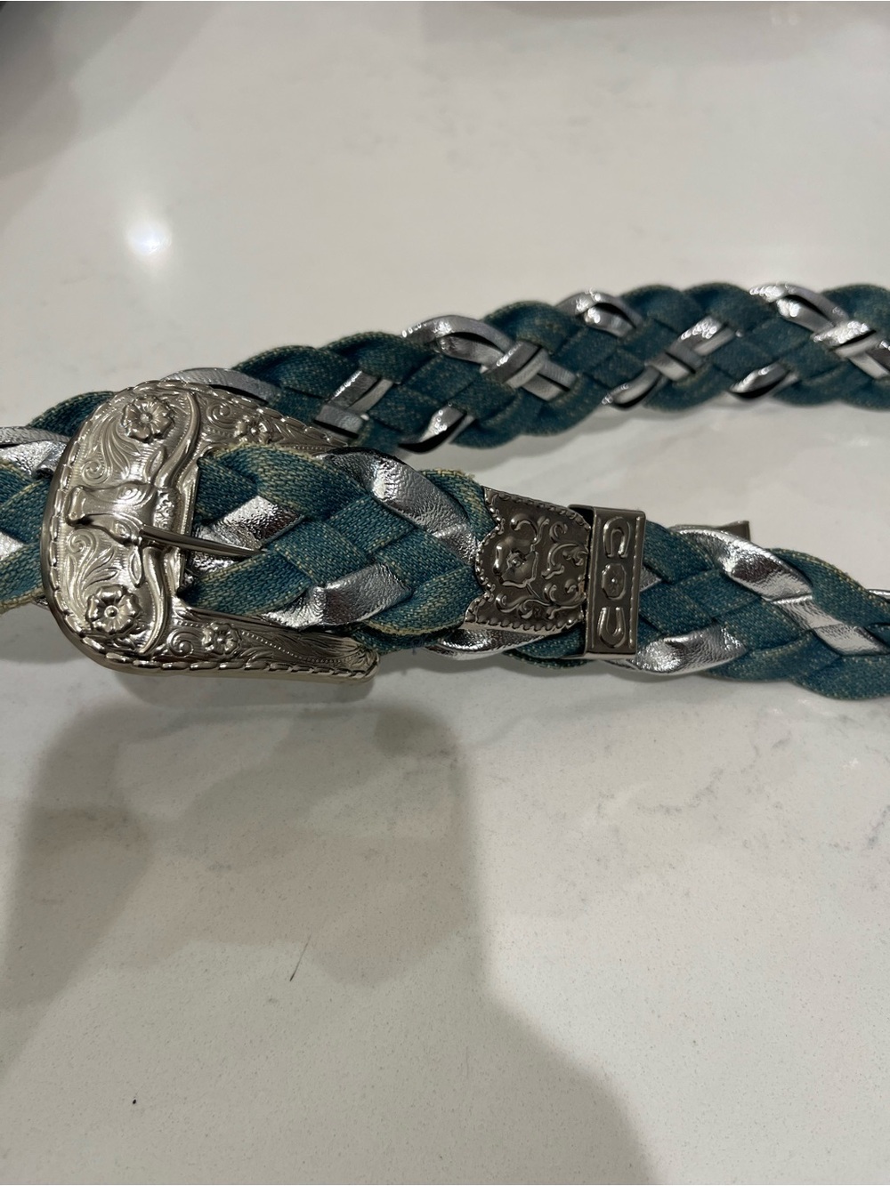 Braided Teal and Silver Western-Style Men's Belt